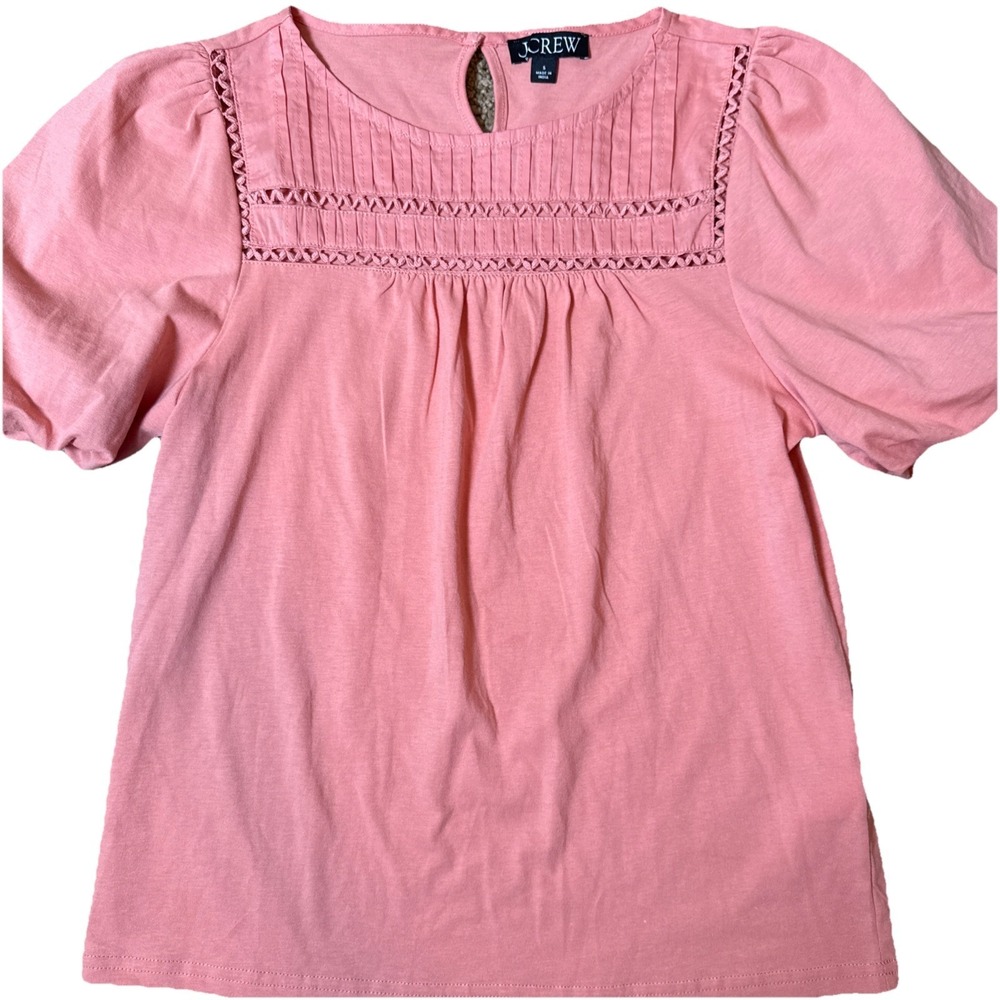 J Crew Women's S 100% Cotton Short Puffed Sleeve Pintuck Detail Top Coral Casual